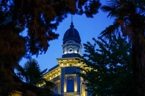 Free A beautifully lit historic tower framed by trees against a vibrant blue dusk sky. Stock Photo