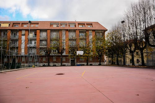 Fotos de stock gratuitas de árboles desnudos, edificio de apartamentos, patio de recreo