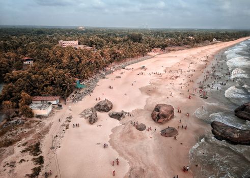 Explore the scenic Kaup Beach in India with this stunning aerial drone photograph.