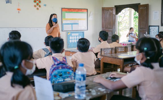 A classroom scene with students and a teacher wearing masks during a lesson.