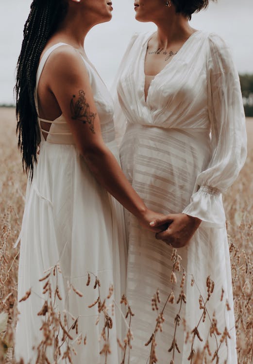 Free Two Women in Wedding Dresses Holding Hands in Cereal Field Stock Photo