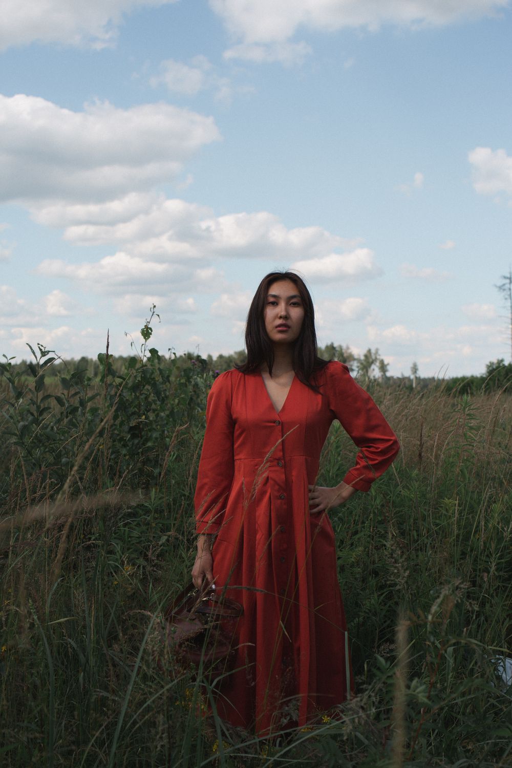 Woman in Red Dress on a Grassy Field · Free Stock Photo