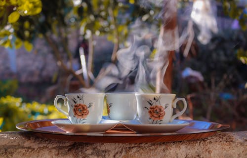 Free Teacups And Saucers On A Tray Stock Photo