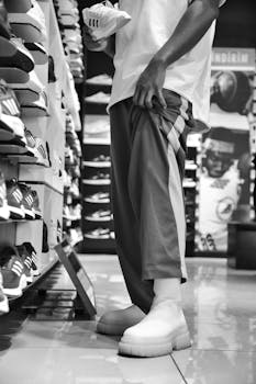 Person holding shoe, standing in store aisle with displayed footwear.