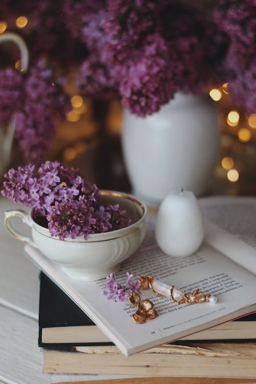 Free Purple Flowers in a Ceramic Cup on an Open Book Stock Photo
