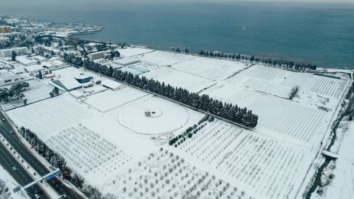Free Aerial view of snow-covered landscape in Yalova, Turkey by the coast. Stock Photo