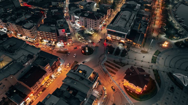 Aerial View Of Traffic On Roundabout At Night