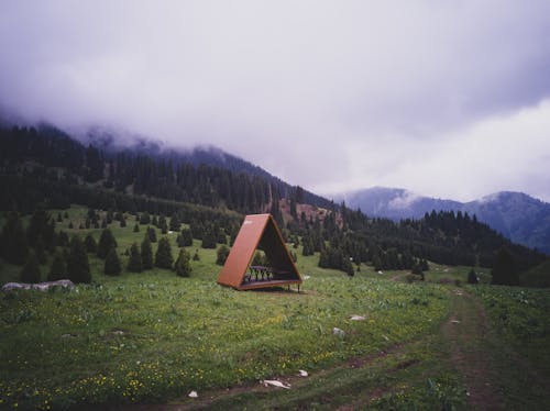 Brown Wooden House on Green Grass Field Near Green Trees and Mountains