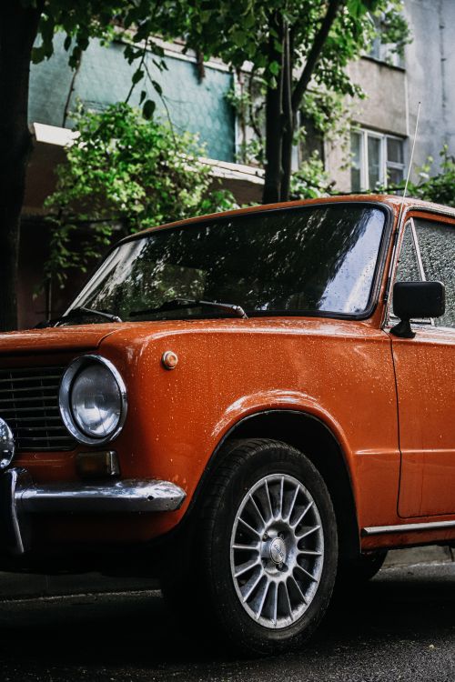 Free Classic orange vintage car parked on wet street, reflecting urban surroundings with trees. Stock Photo