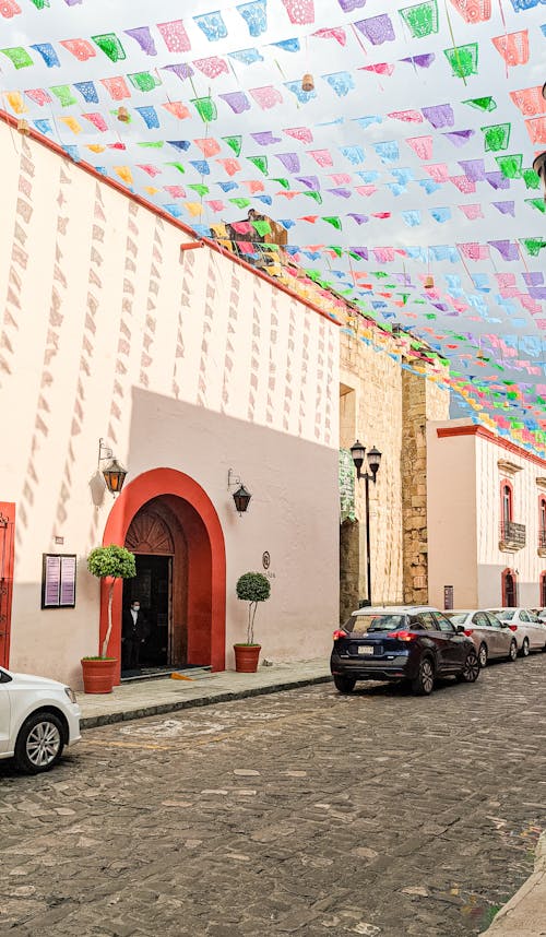 Decorated Cobblestone Street in Oaxaca, Mexico 