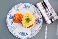 Egg Omelet on White and Blue Floral Ceramic Plate