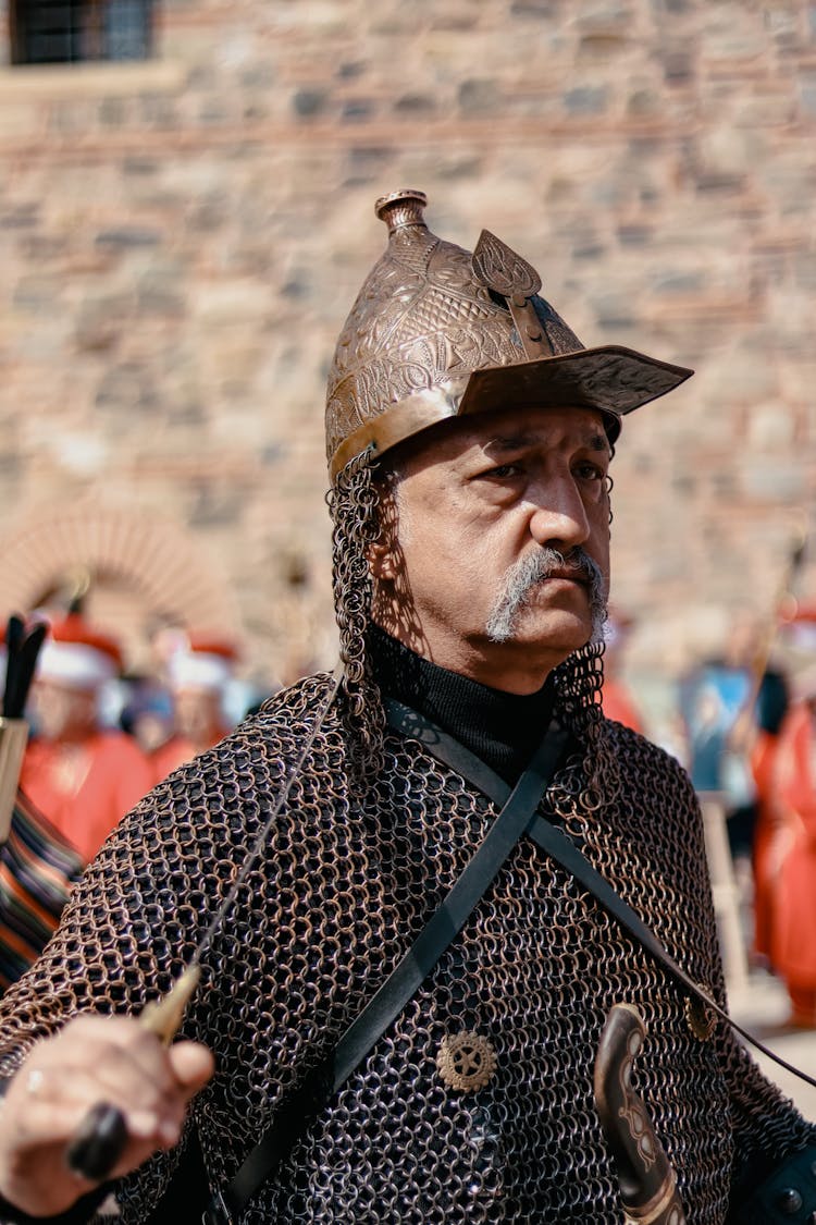 Portrait Of Medieval Soldier In Helmet