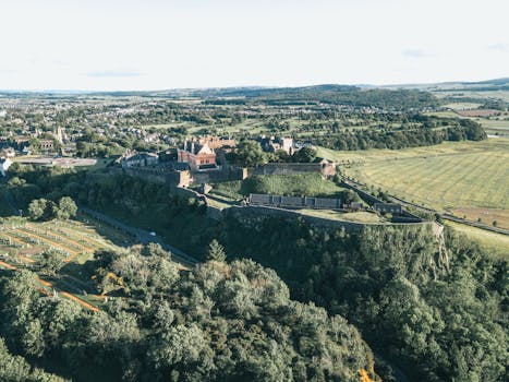 Drone view of a historic castle surrounded by lush greenery in a rural landscape.