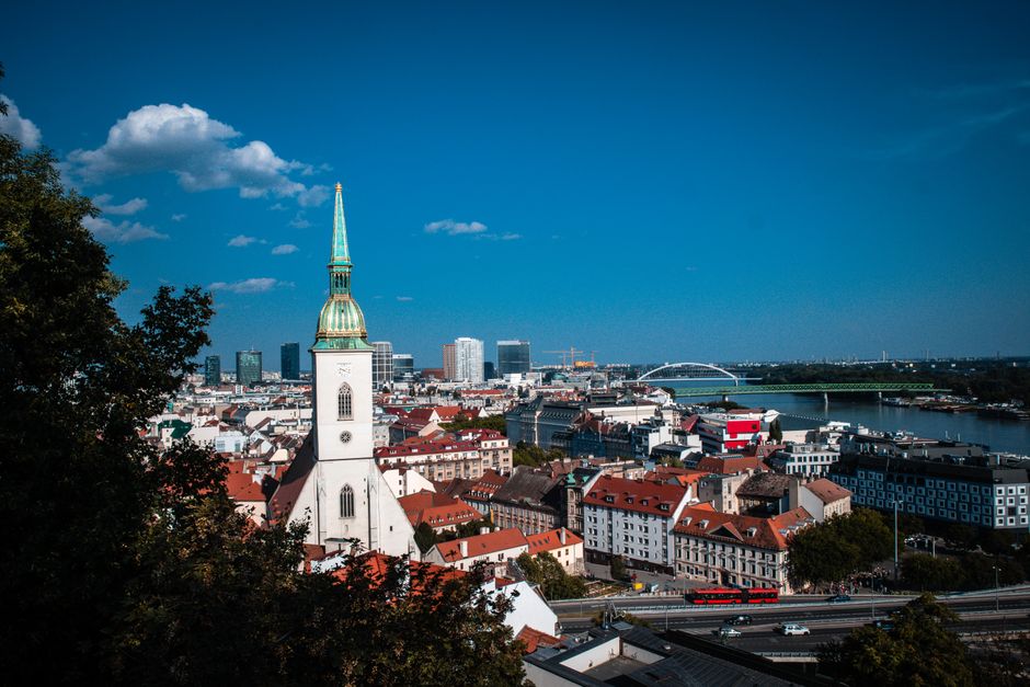 Sunny summer day in Bratislava, Slovakia, with clear skies