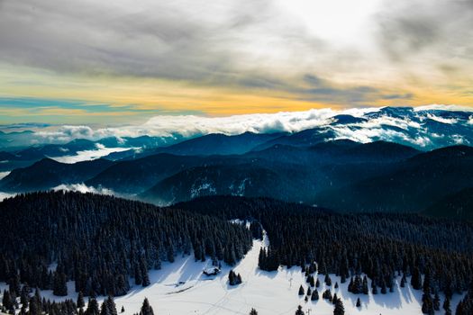 A stunning aerial view of the snow-covered mountains in Pamporovo, Bulgaria.