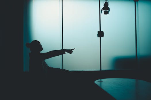 A silhouette of a person pointing against a frosted glass background, creating a dramatic contrast.