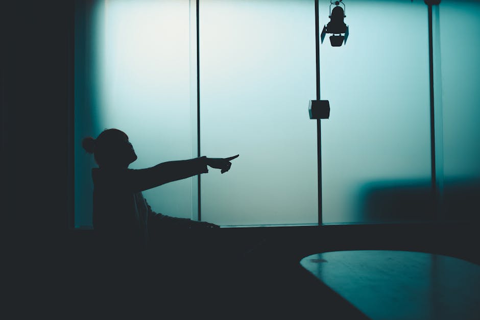 A silhouette of a person pointing against a frosted glass background, creating a dramatic contrast.