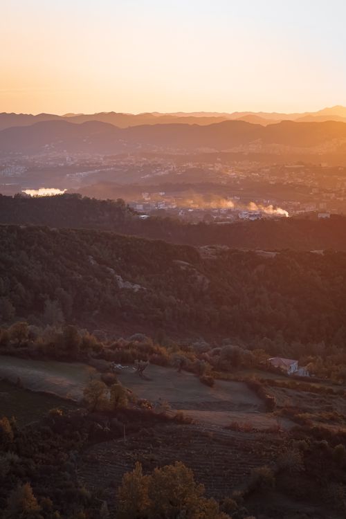 Free Aerial view of Dajt hills at sunset, capturing the serene Albanian landscape. Stock Photo