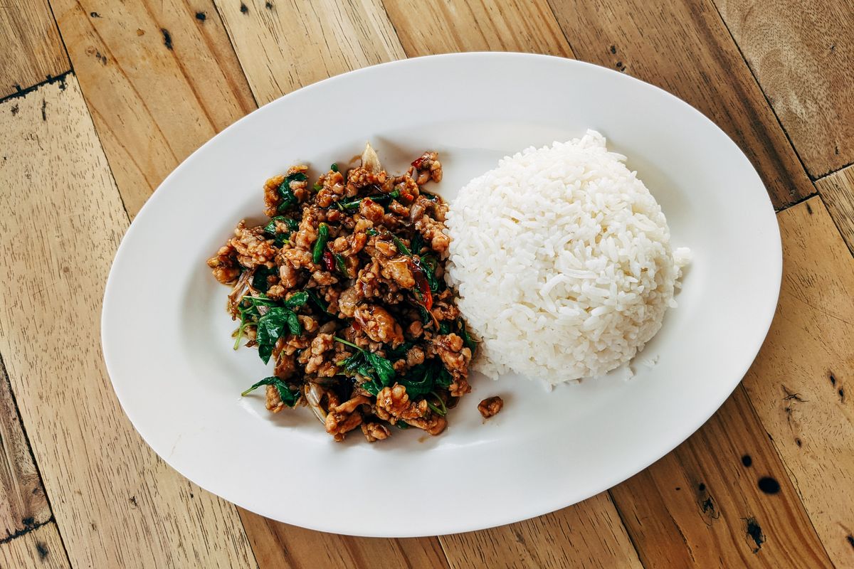 Minced chicken cooked with herbs and rice — the base texture that defines authentic laab gai.