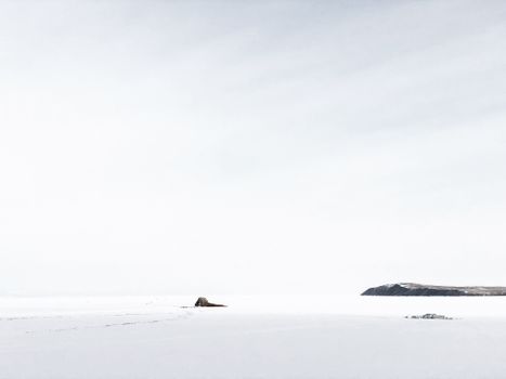 Snow-covered landscape capturing the peaceful winter beauty of Kharantsy, Russia with rocks and distant hills.