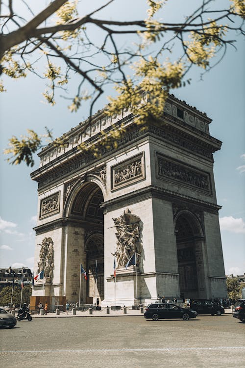 A Low Angle Shot of Moving Cars Near the Arc De Triomphe