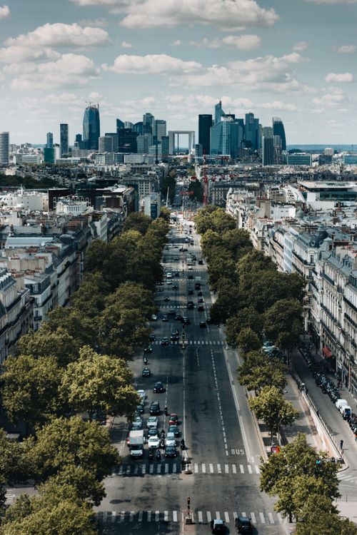 Free Aerial photo of a tree-lined avenue with Paris skyline in the background. Captures urban elegance. Stock Photo