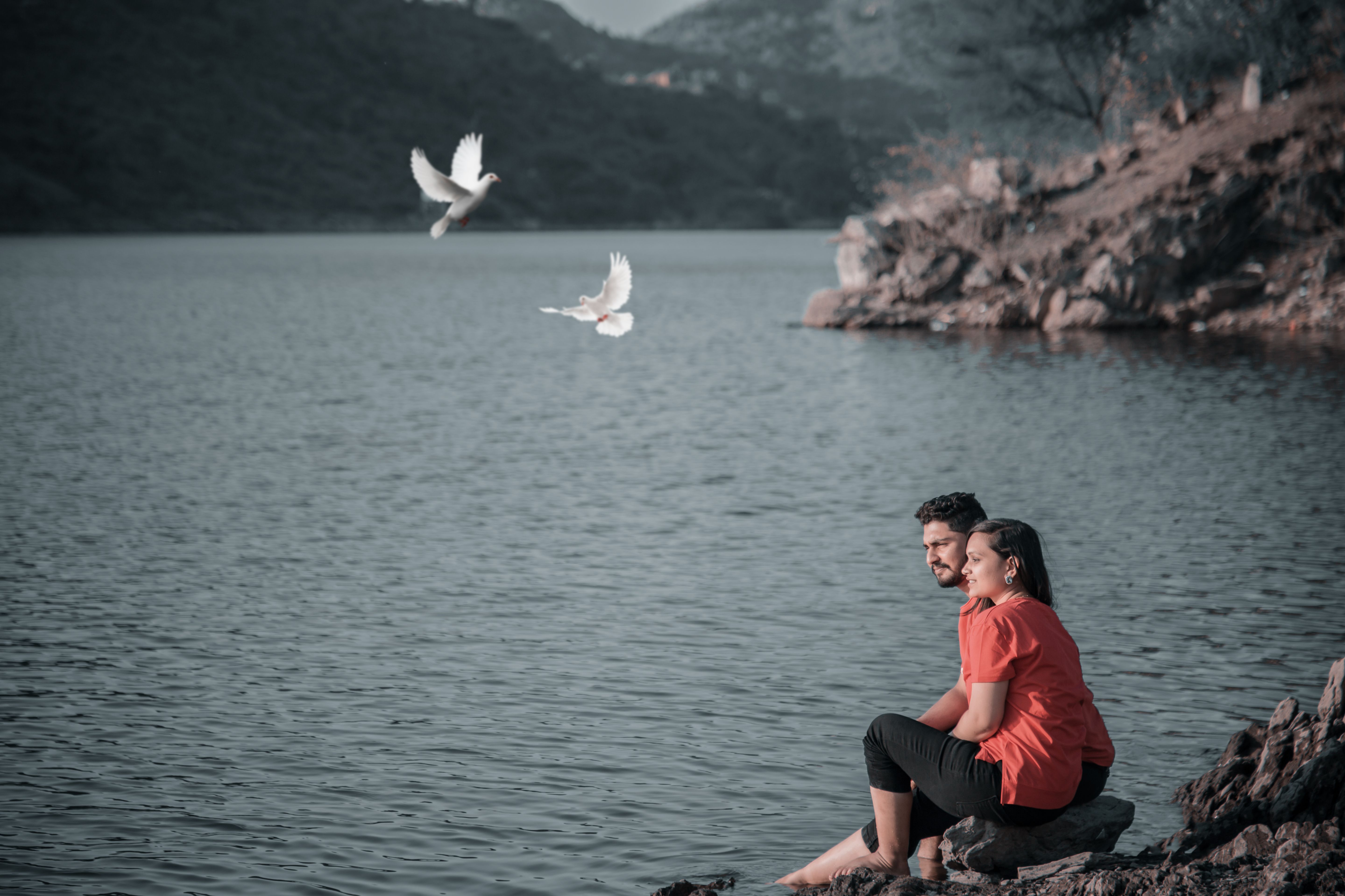 A Couple Sitting on a Rock Near Body of Water · Free Stock Photo