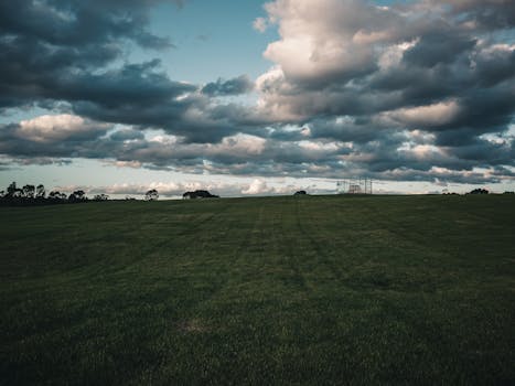A vast open field under a dramatic cloudy sky, capturing natural beauty and serenity.