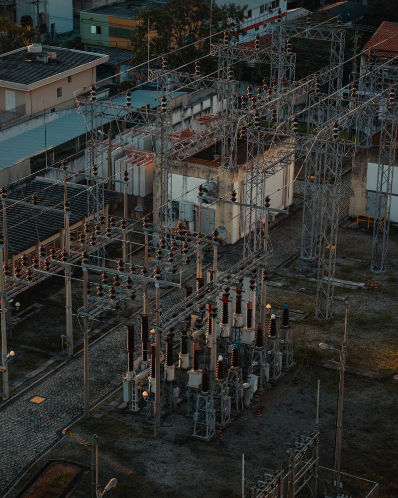 Aerial view of a bustling electrical substation