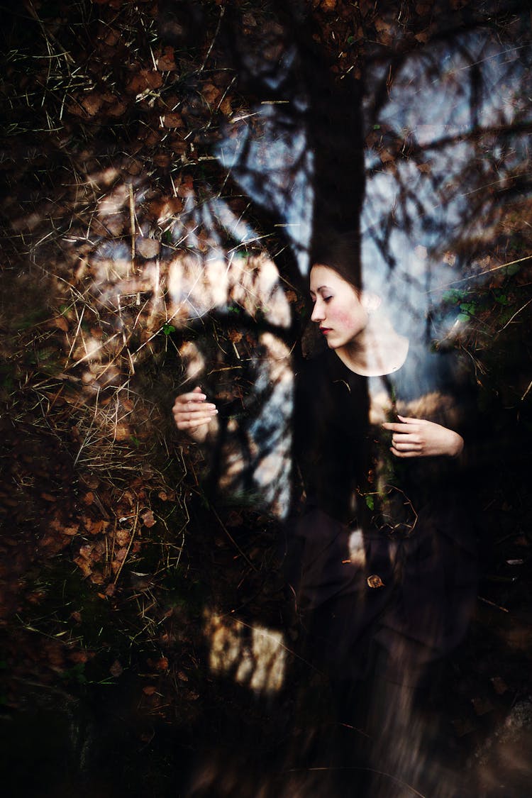 Woman Superimposed On Photo Of Autumn Forest