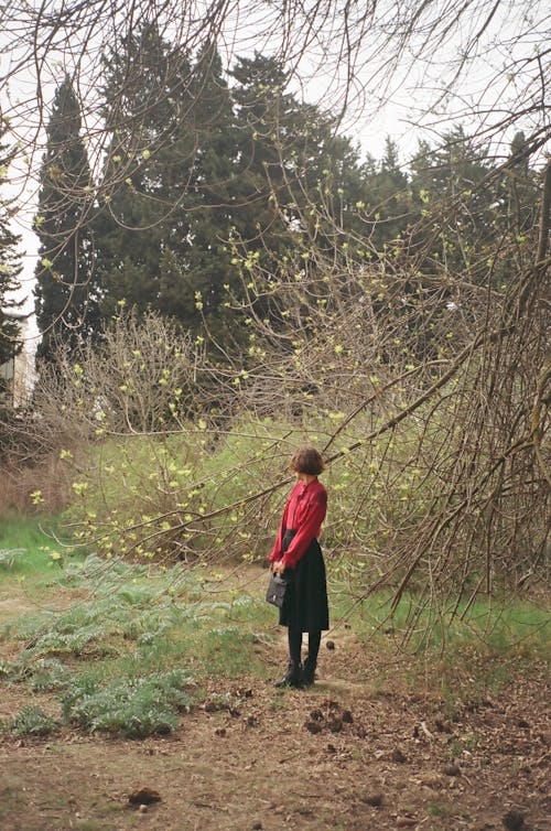 A Woman in Red Long Sleeves Standing Near the Tree Branches