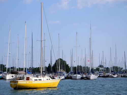 Free A vibrant yellow sailboat anchored at Toronto harbor with other boats and a clear blue sky. Stock Photo