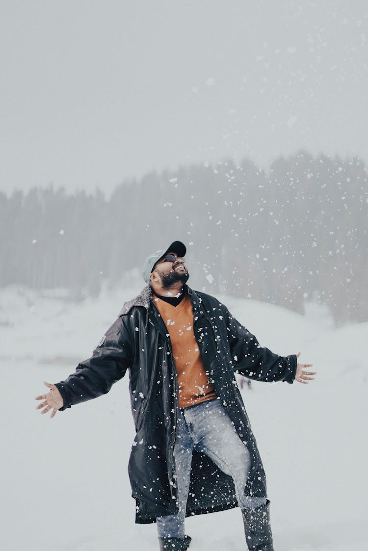 Portrait Of Man Exited Because Its Snowing