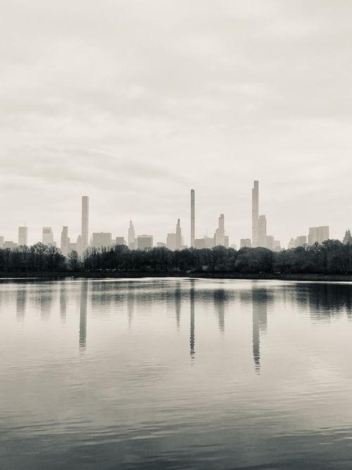 Free Black and white view of a city skyline with trees and buildings reflecting on a calm body of water. Stock Photo