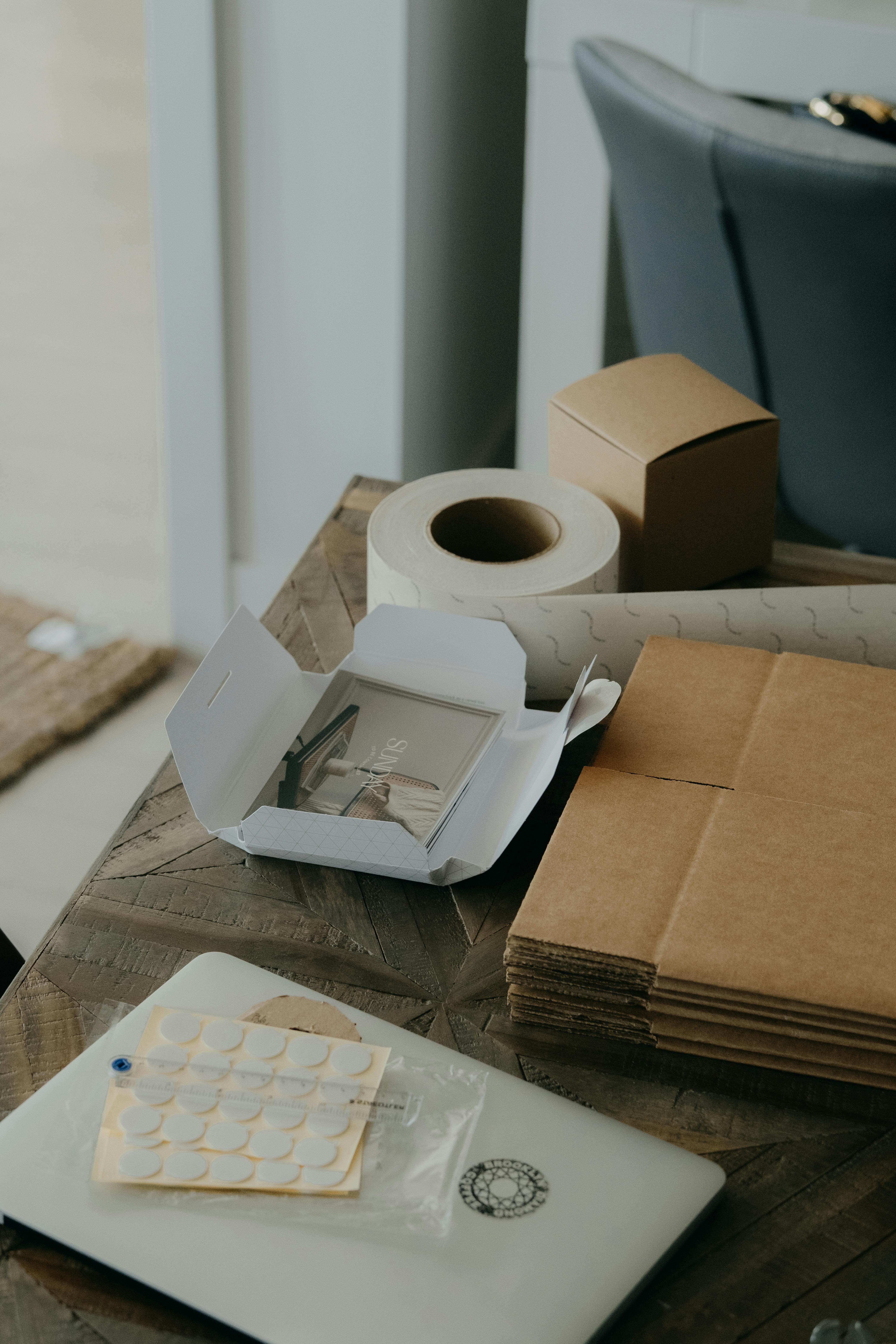 items used for packaging on table