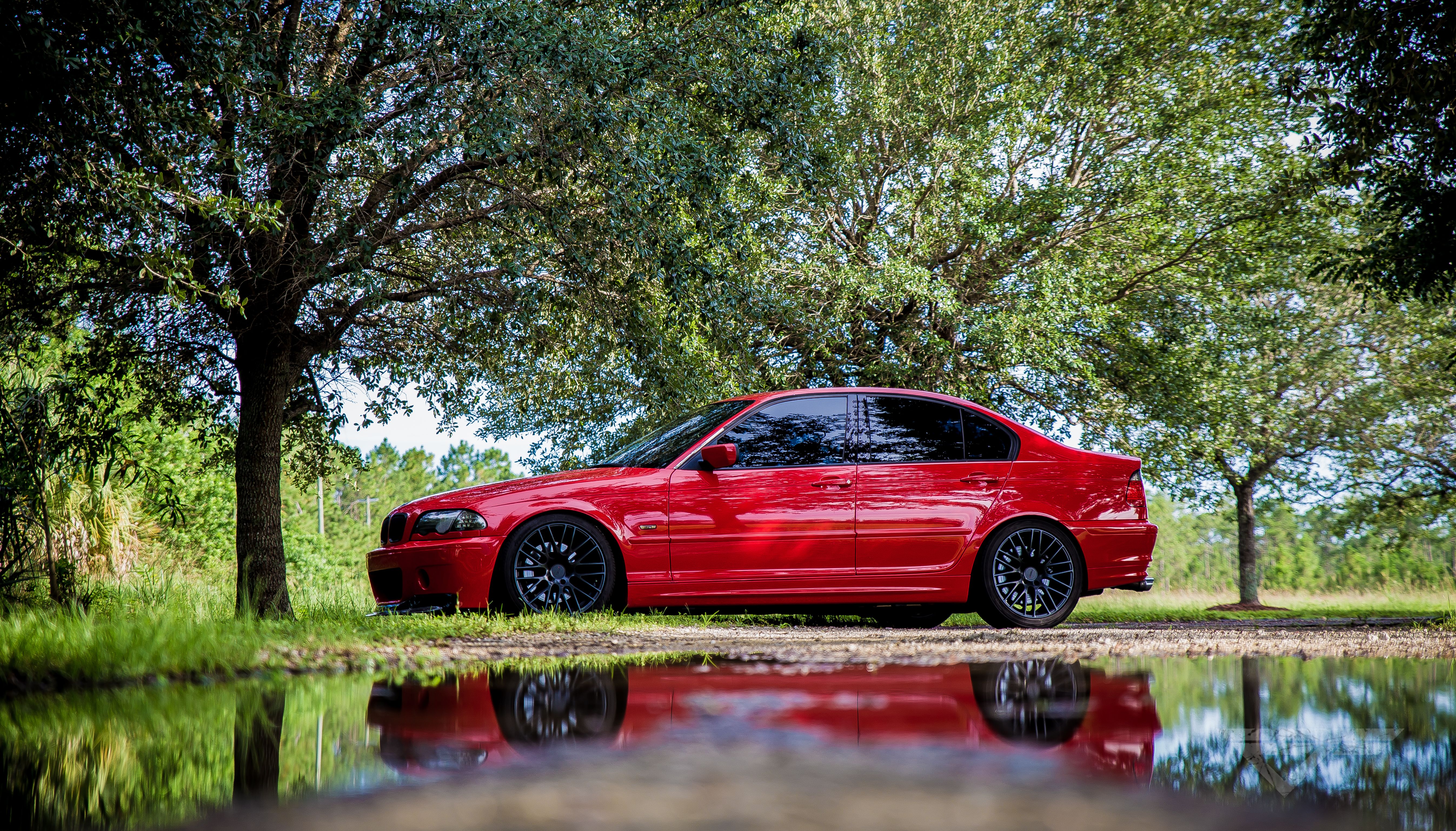 A Red Car Parked Under the Green Trees · Free Stock Photo