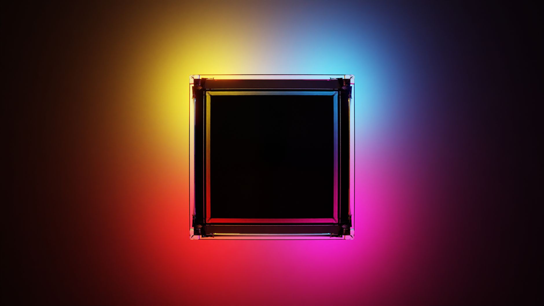A black frame set against a vibrant multicolored background, illuminated and contemporary.