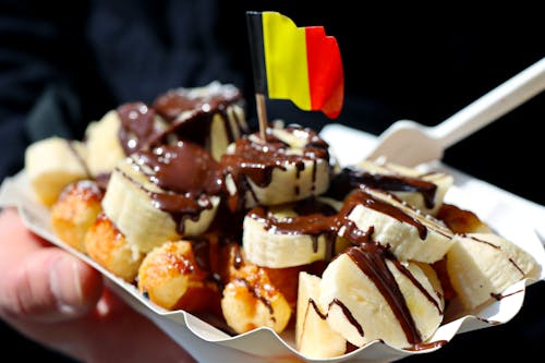 Free Belgium Waffles with Banana & Chocolate Stock Photo