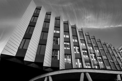 A Grayscale Photo of a Building with Glass Windows