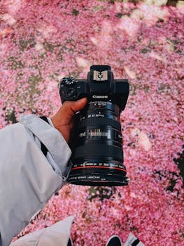 Hand holding a camera over a pink floral background in Gasteiz, Spain.