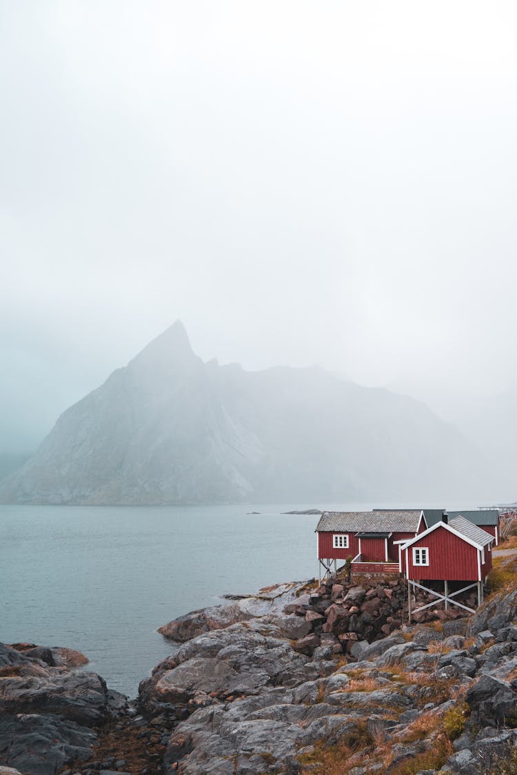 Red Rorbu On The Shore Of The Fjord In Lofoten, Norway