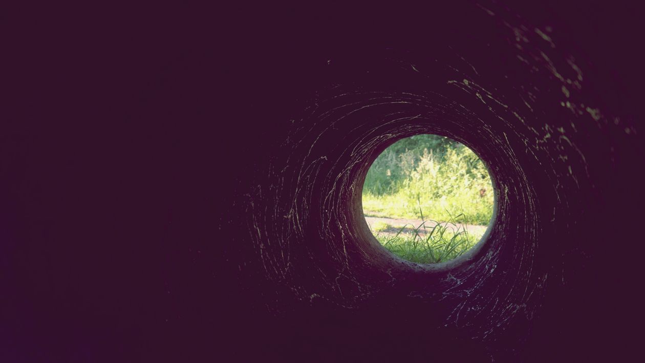 Free A view through a dark tunnel with sunlight illuminating the grass outside. Stock Photo