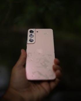 Hand holding a smartphone with water droplets, highlighting waterproof features.