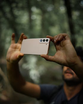 Close-up of hands holding a smartphone capturing a photo outdoors.