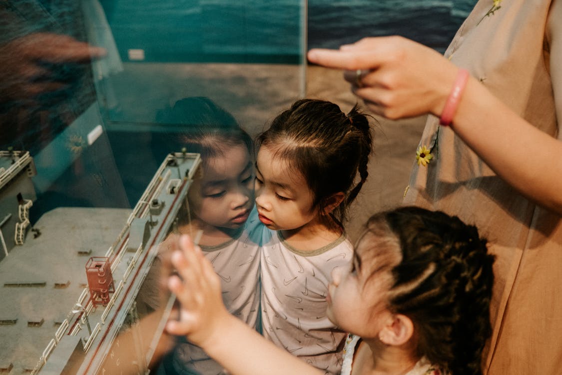 Free Children Looking at an Exhibit in a Museum Stock Photo