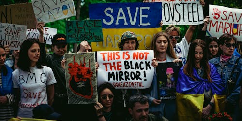 Protesters Against Russian Invasion towards Mariupol Ukraine 