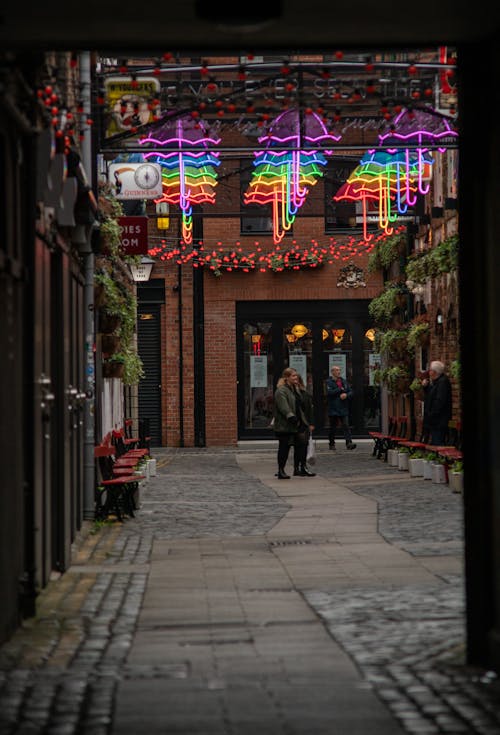 Neon Umbrellas Decoration Over Commercial Court in Belfast