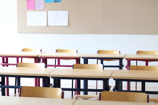 A bright, empty classroom in Einbeck, Deutschland, featuring wooden desks and chairs.