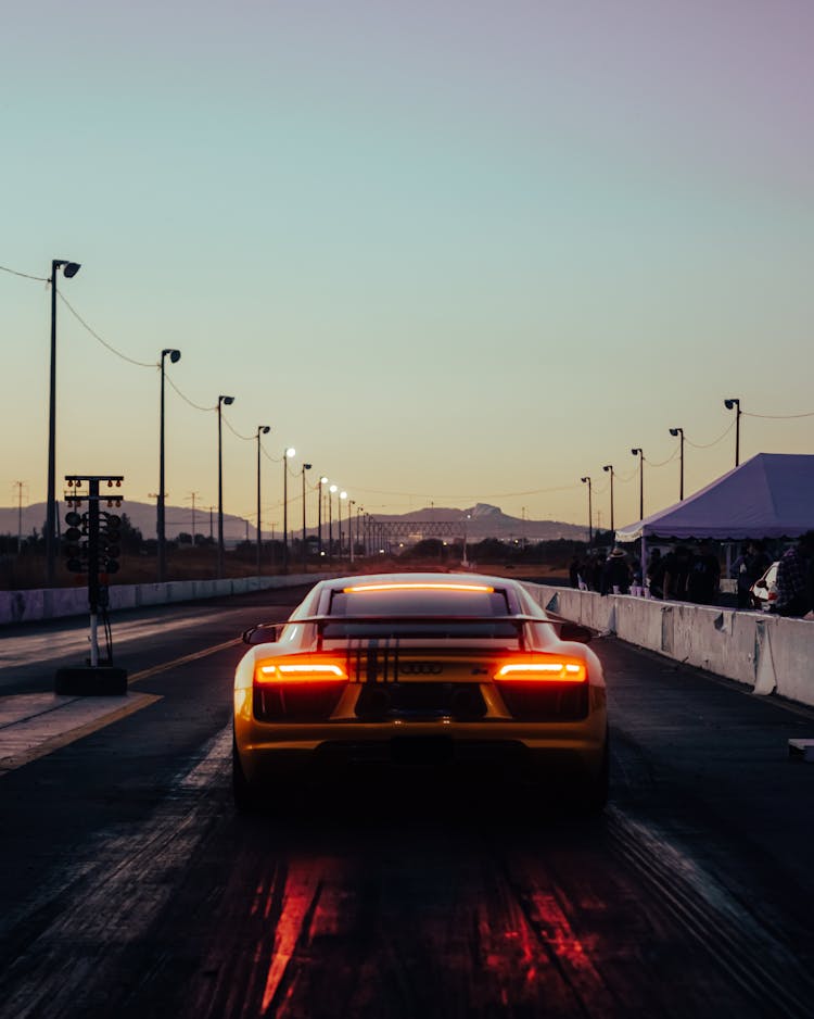 Back View Of A Car On A Dragstrip