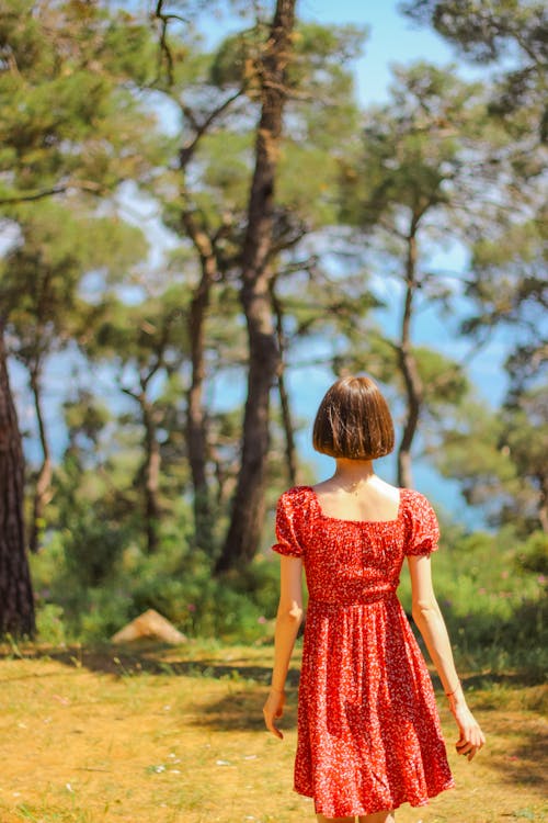 Back View of a Woman in Red Dress near the Trees